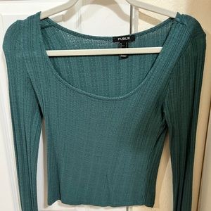 Turquoise Scoop neck Crop Long sleeve Top